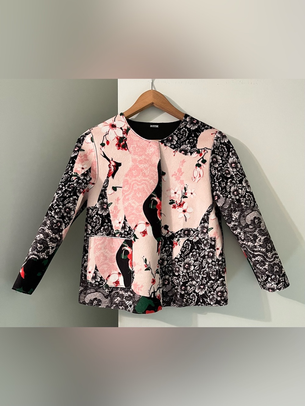 Guess Reversible Black Faux Leather or Multicolour Floral Birds Pattern Jacket